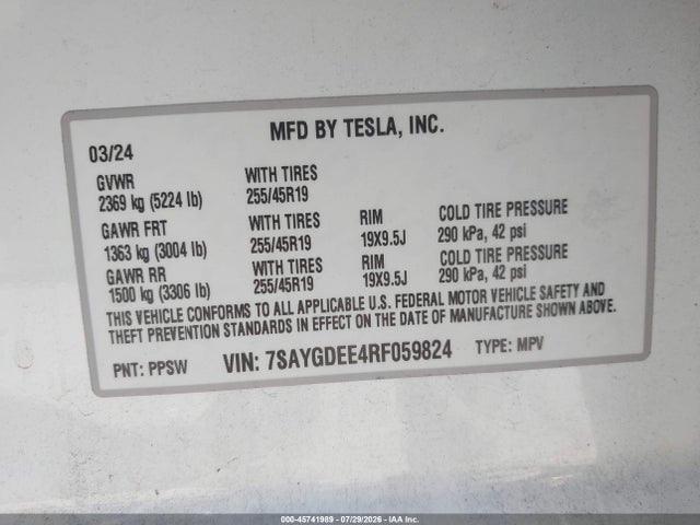 Aukcja sprzedaży 2024 Tesla Model Y Long Range Dual Motor All-wheel Drive, vin: 7SAYGDEE4RF059824, numer aukcji: 45741989