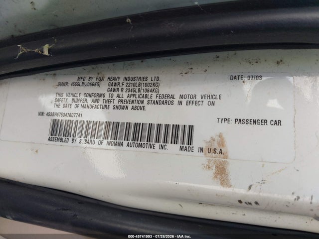 Aukcja sprzedaży 2004 Subaru Outback, vin: 4S3BH675347607741, numer aukcji: 45741993