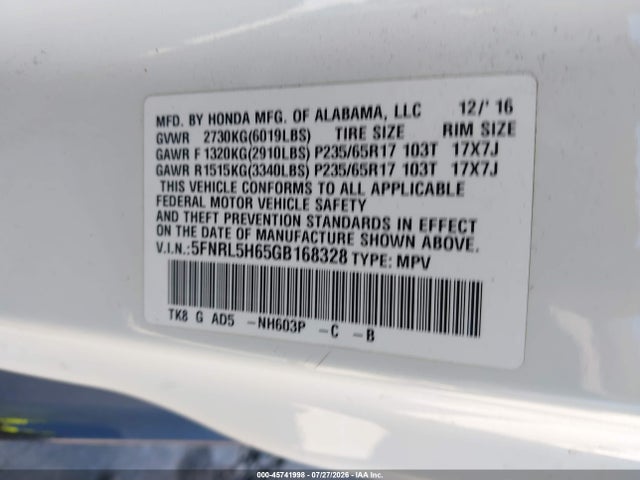 5FNRL5H65GB168328 Honda Odyssey Ex-l