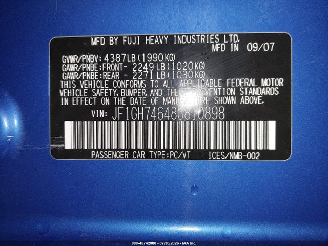 45742008 :رقم المزاد ، JF1GH74648G810898 vin ، 2008 Subaru Impreza Wrx مزاد بيع