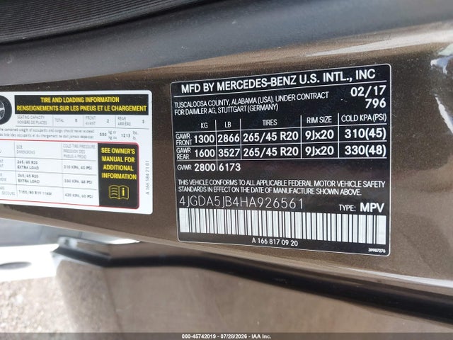 Продаж на аукціоні авто 2017 Mercedes-benz Gle 350, vin: 4JGDA5JB4HA926561, номер лоту: 45742019