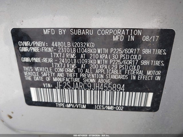Продаж на аукціоні авто 2018 Subaru Forester 2.5i Limited, vin: JF2SJARC9JH455894, номер лоту: 45742020