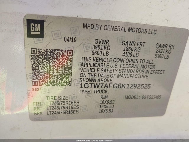 2019 Gmc Savana 2500 Work Van მანქანა იყიდება აუქციონზე, vin: 1GTW7AFG6K1292525, აუქციონის ნომერი: 45742032