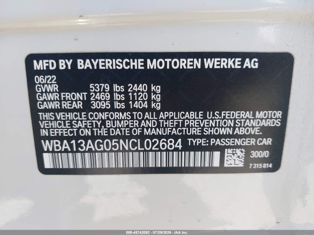 Aukcja sprzedaży 2022 Bmw 530e, vin: WBA13AG05NCL02684, numer aukcji: 45742092
