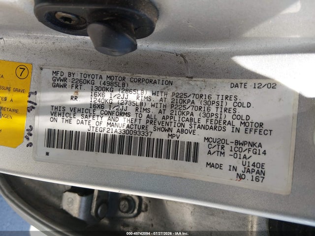 45742094 :رقم المزاد ، JTEGF21A330093337 vin ، 2003 Toyota Highlander V6 مزاد بيع