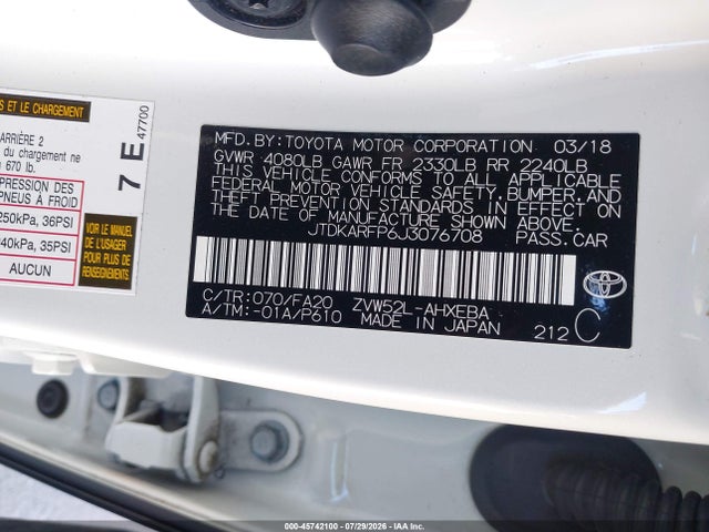 45742100 :رقم المزاد ، JTDKARFP6J3076708 vin ، 2018 Toyota Prius Prime Plus مزاد بيع