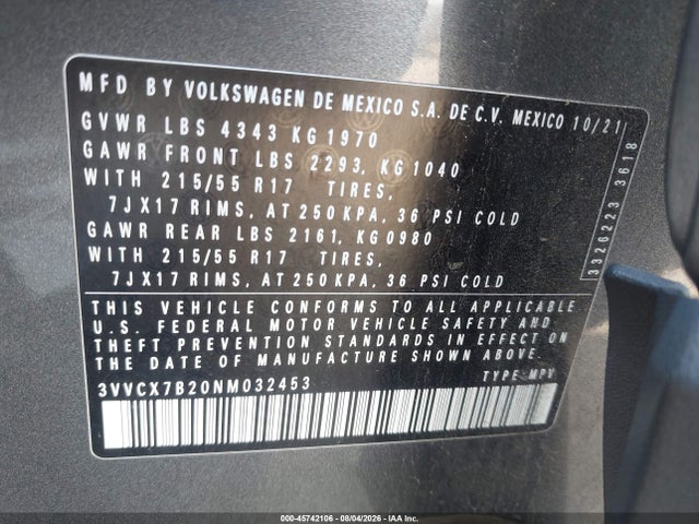 Aukcja sprzedaży 2022 Volkswagen Taos 1.5t S, vin: 3VVCX7B20NM032453, numer aukcji: 45742106