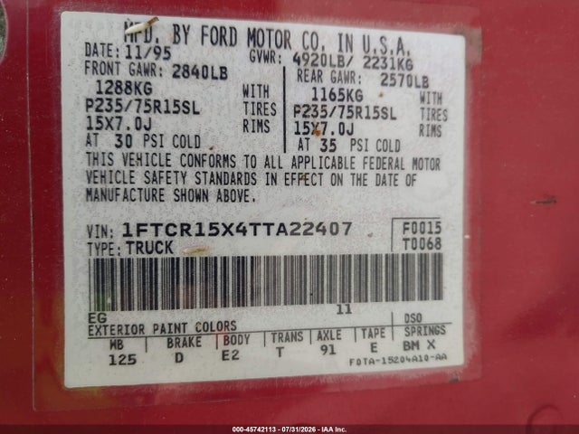 Продажа на аукционе авто 1996 Ford Ranger Super Cab, vin: 1FTCR15X4TTA22407, номер лота: 45742113