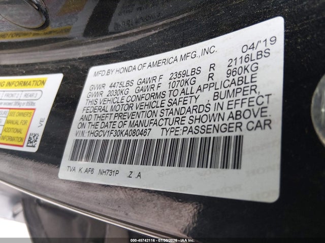 1HGCV1F30KA080467 Honda Accord Sport
