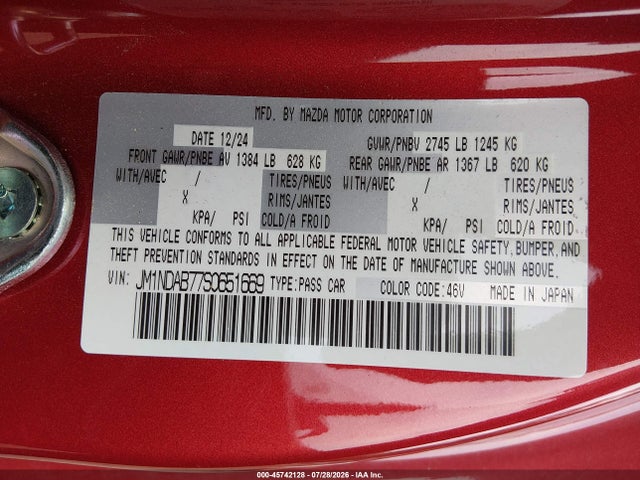 45742128 :رقم المزاد ، JM1NDAB77S0651669 vin ، 2025 Mazda Mx-5 Miata Sport مزاد بيع