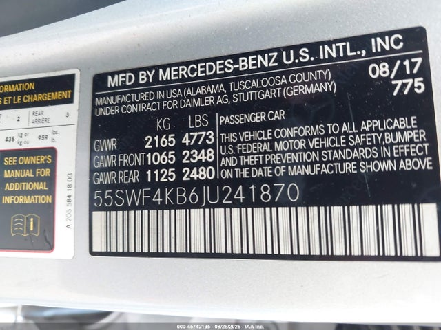 Продаж на аукціоні авто 2018 Mercedes-benz C 300 4matic, vin: 55SWF4KB6JU241870, номер лоту: 45742135