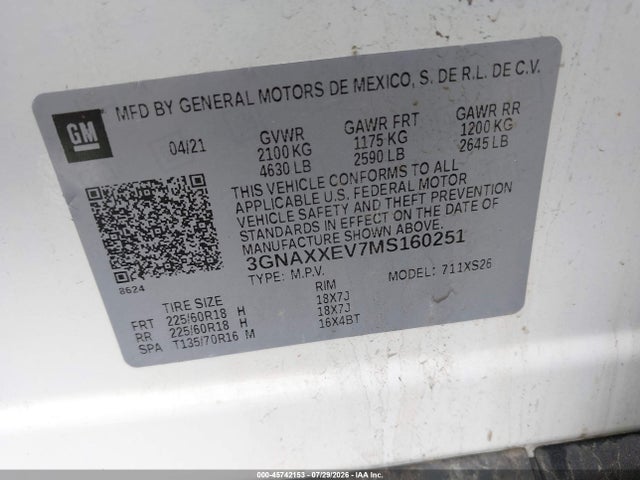 Aukcja sprzedaży 2021 Chevrolet Equinox Awd Premier, vin: 3GNAXXEV7MS160251, numer aukcji: 45742153