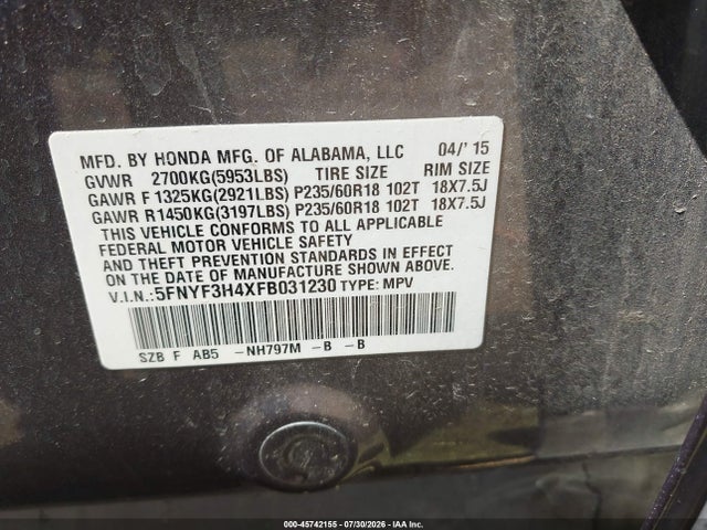 5FNYF3H4XFB031230 Honda Pilot Ex