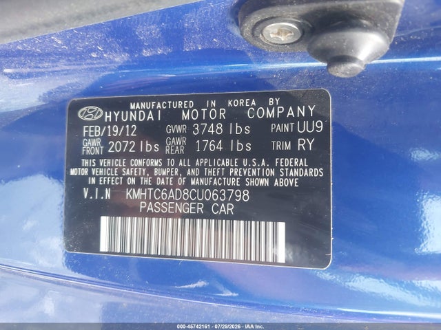 45742161 :رقم المزاد ، KMHTC6AD8CU063798 vin ، 2012 Hyundai Veloster Base W/black مزاد بيع