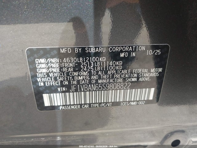 Продаж на аукціоні авто 2025 Subaru Wrx Limited, vin: JF1VBAN65S9808822, номер лоту: 45742163