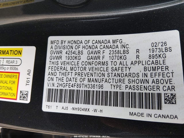 45742164 :رقم المزاد ، 2HGFE4F89TH336196 vin ، 2026 Honda Civic Hybrid Sport/sport Touring مزاد بيع