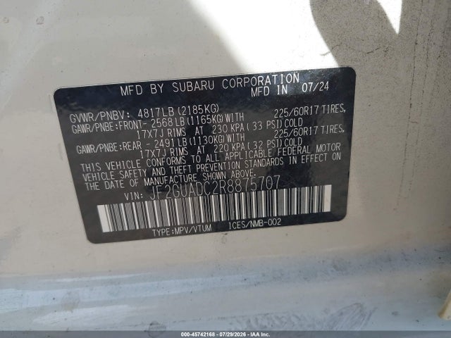 45742168 :رقم المزاد ، JF2GUADC2R8875707 vin ، 2024 Subaru Crosstrek Premium مزاد بيع