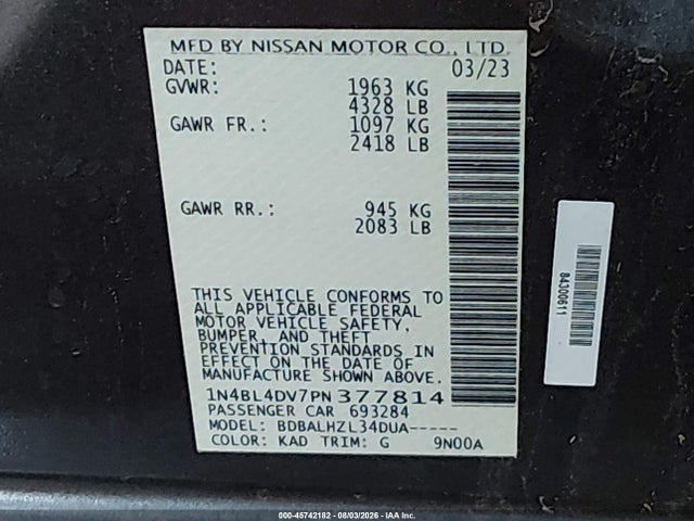 1N4BL4DV7PN377814 Nissan Altima Sv Fwd