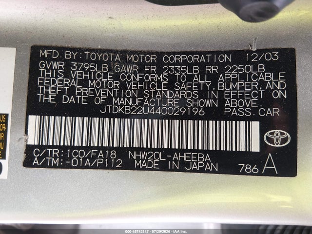 Aukcja sprzedaży 2004 Toyota Prius, vin: JTDKB22U440029196, numer aukcji: 45742187