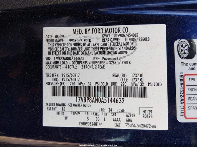 45742202 :رقم المزاد ، 1ZVBP8AN0A5144632 vin ، 2010 Ford Mustang V6/v6 Premium مزاد بيع