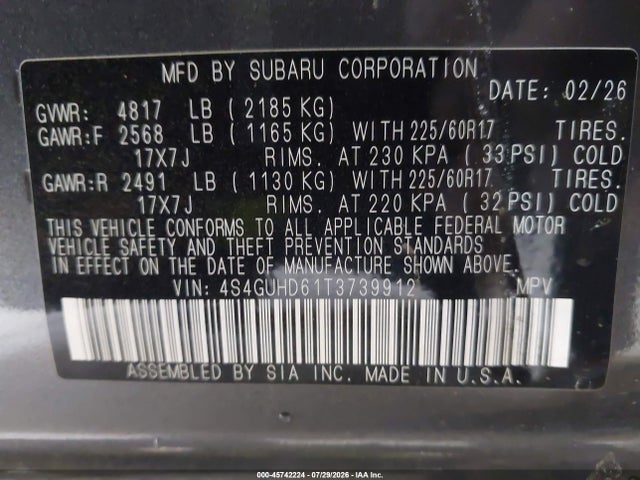Aukcja sprzedaży 2026 Subaru Crosstrek Premium, vin: 4S4GUHD61T3739912, numer aukcji: 45742224