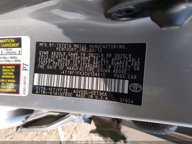 Продажа на аукционе авто 2012 Toyota Camry Se, vin: 4T1BF1FK3CU154510, номер лота: 45742231