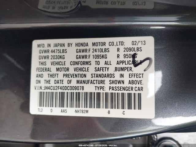 2013 Acura Tsx 2.4 მანქანა იყიდება აუქციონზე, vin: JH4CU2F40DC009078, აუქციონის ნომერი: 45742240