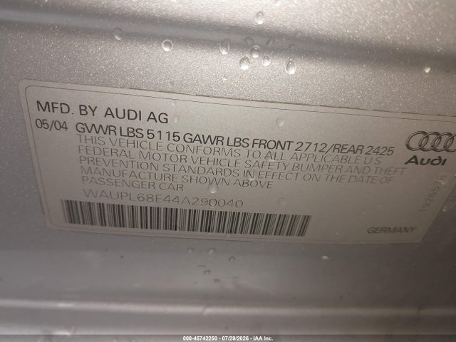 45742250 :رقم المزاد ، WAUPL68E44A290040 vin ، 2004 Audi S4 4.2 مزاد بيع