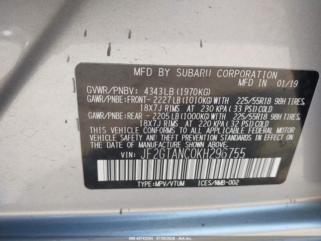 Продаж на аукціоні авто 2019 Subaru Crosstrek 2.0i Limited, vin: JF2GTANC0KH296755, номер лоту: 45742254