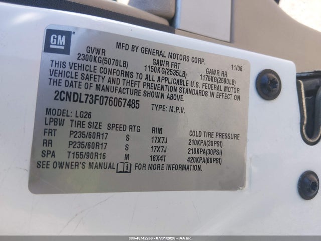 Продажа на аукционе авто 2007 Chevrolet Equinox Lt, vin: 2CNDL73F076067485, номер лота: 45742269