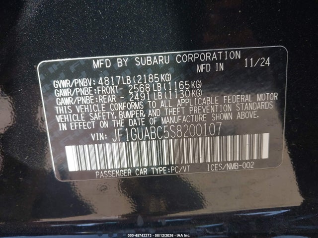 Продаж на аукціоні авто 2025 Subaru Impreza Base 5-door, vin: JF1GUABC5S8200107, номер лоту: 45742273