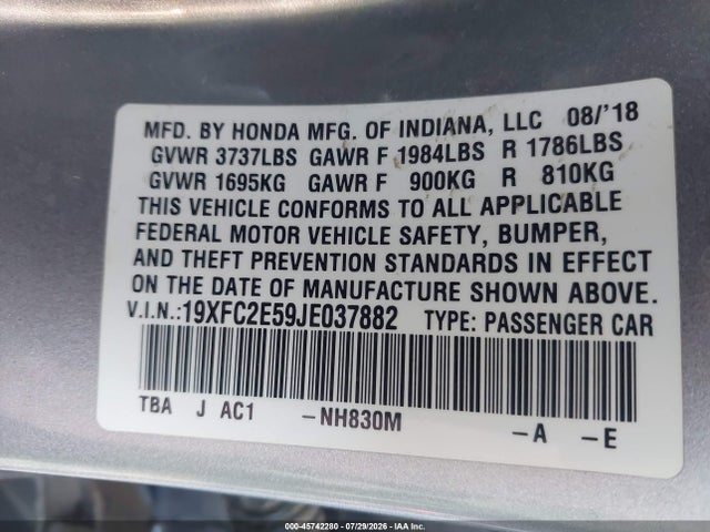 Honda Civic Lx 2018 19XFC2E59JE037882 Image 9