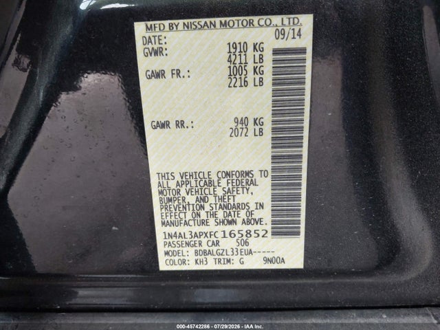 2015 Nissan Altima 2.5/2.5 S/2.5 Sl/2.5 Sv მანქანა იყიდება აუქციონზე, vin: 1N4AL3APXFC165852, აუქციონის ნომერი: 45742286