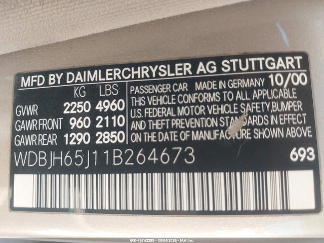 Продажа на аукционе авто 2001 Mercedes-benz E 320, vin: WDBJH65J11B264673, номер лота: 45742289