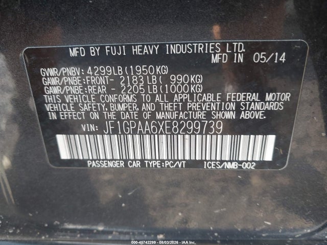 45742299 :رقم المزاد ، JF1GPAA6XE8299739 vin ، 2014 Subaru Impreza 2.0i مزاد بيع