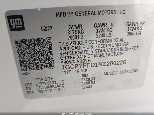 1GCPYFED1NZ206226 Chevrolet Silverado 1500 Ltd 4wd Short Bed Lt Trail Boss