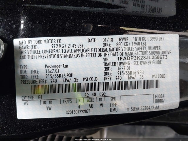 Aukcja sprzedaży 2018 Ford Focus Se, vin: 1FADP3K28JL258673, numer aukcji: 45742319
