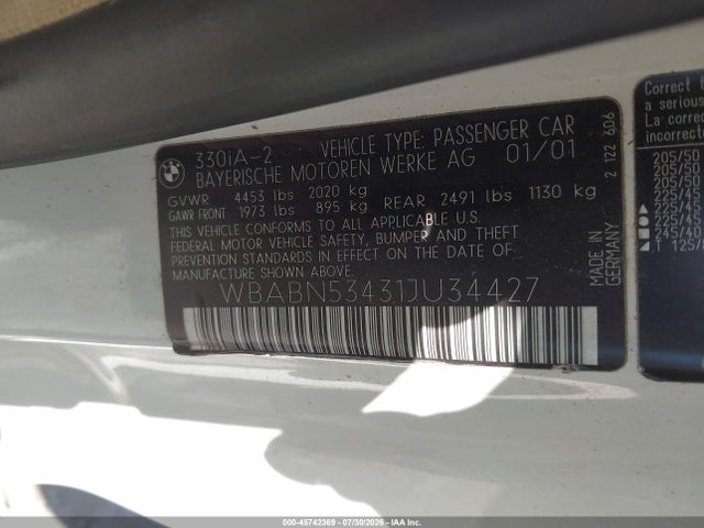 Продаж на аукціоні авто 2001 Bmw 330ci, vin: WBABN53431JU34427, номер лоту: 45742369