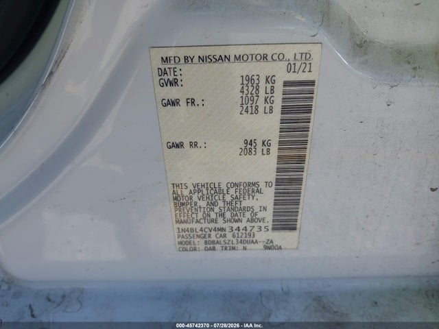 Aukcja sprzedaży 2021 Nissan Altima Sr Fwd, vin: 1N4BL4CV4MN344735, numer aukcji: 45742370