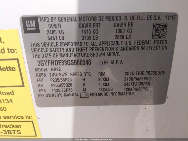 Aukcja sprzedaży 2016 Cadillac Srx Premium Collection, vin: 3GYFNDE33GS560548, numer aukcji: 45742371