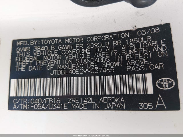 Aukcja sprzedaży 2009 Toyota Corolla Le, vin: JTDBL40E299037465, numer aukcji: 45742374