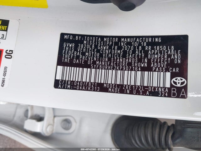 5YFBURHE2KP907164 Toyota COROLLA LE