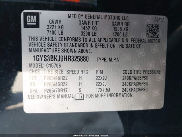 Продаж на аукціоні авто 2017 Cadillac Escalade Luxury, vin: 1GYS3BKJ9HR325880, номер лоту: 45742386