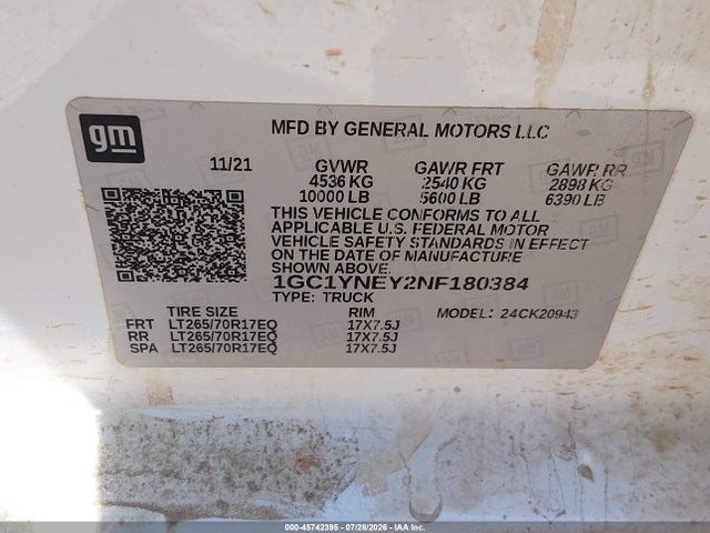 Продажа на аукционе авто 2022 Chevrolet Silverado 2500hd 4wd  Long Bed Lt, vin: 1GC1YNEY2NF180384, номер лота: 45742395
