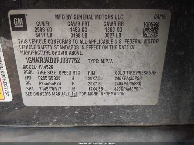1GNKRJKD0FJ337752 Chevrolet Traverse Ltz