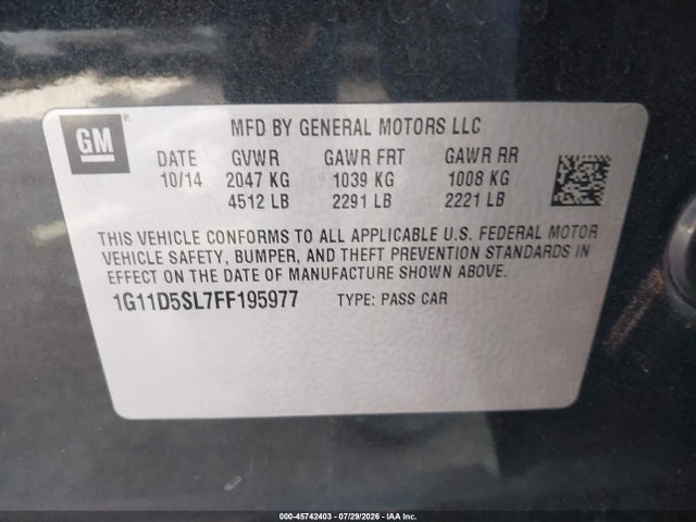 Продажа на аукционе авто 2015 Chevrolet Malibu 2lt, vin: 1G11D5SL7FF195977, номер лота: 45742403
