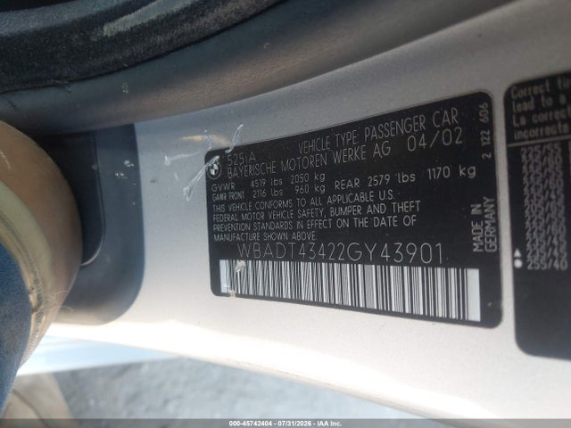 45742404 :رقم المزاد ، WBADT43422GY43901 vin ، 2002 Bmw 5 Series 525ia مزاد بيع