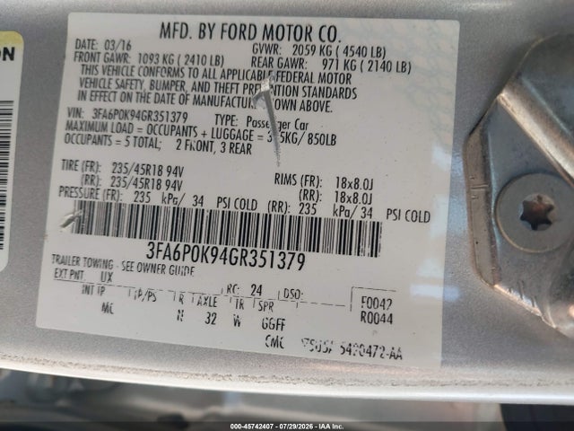 2016 Ford Fusion Titanium მანქანა იყიდება აუქციონზე, vin: 3FA6P0K94GR351379, აუქციონის ნომერი: 45742407