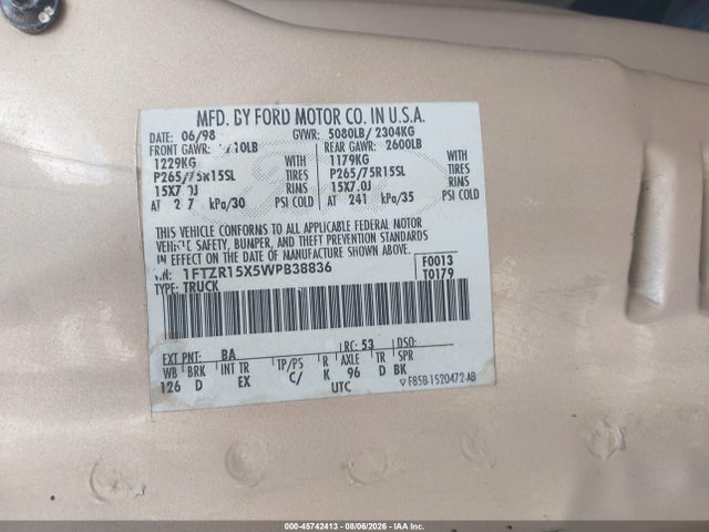 1998 Ford Ranger Splash/xl/xlt მანქანა იყიდება აუქციონზე, vin: 1FTZR15X5WPB38836, აუქციონის ნომერი: 45742413