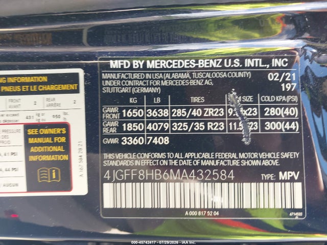 45742417 :رقم المزاد ، 4JGFF8HB6MA432584 vin ، 2021 Mercedes-benz Maybach Gls 600 4matic مزاد بيع